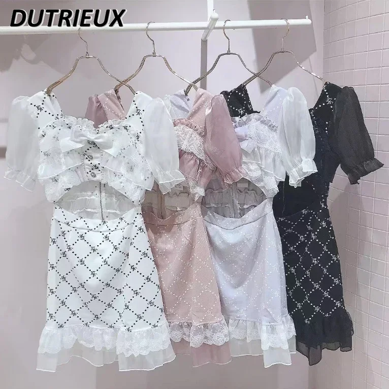 

Casual Elegant Dresses for Women Summer Lolita Japanese Style Sweet and Cute Lace Printed Ruffled Bow Short Sleeve Dress