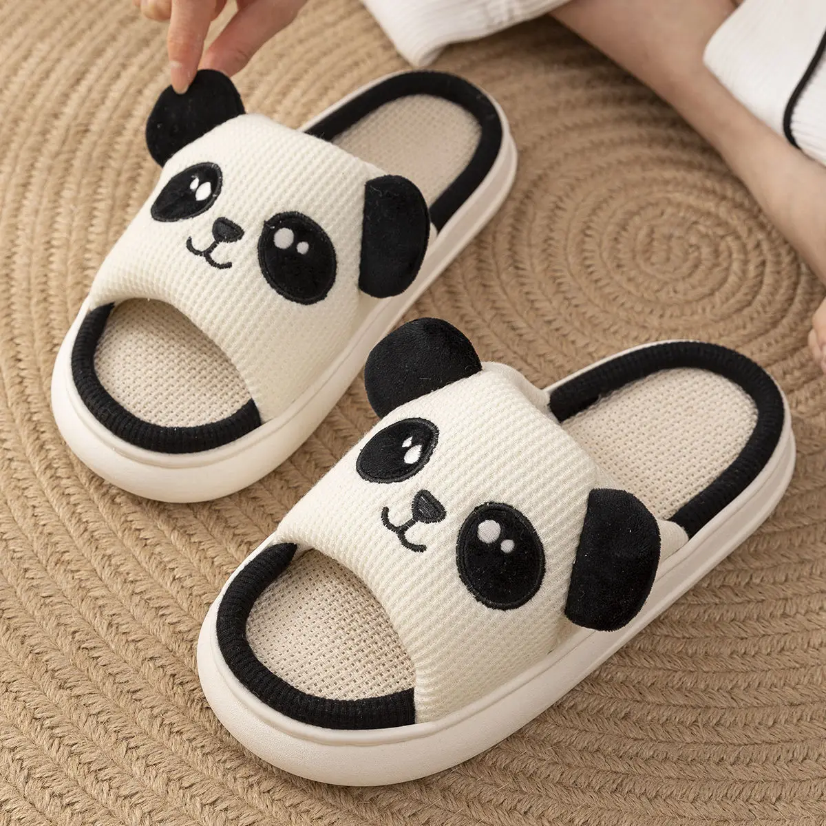 Home Slippers Panda Cat Women Summer Cute Linen  Couples Indoor House Non Slip Thick Funny Sandals Cartoon Kawaii Shoes 2024 New