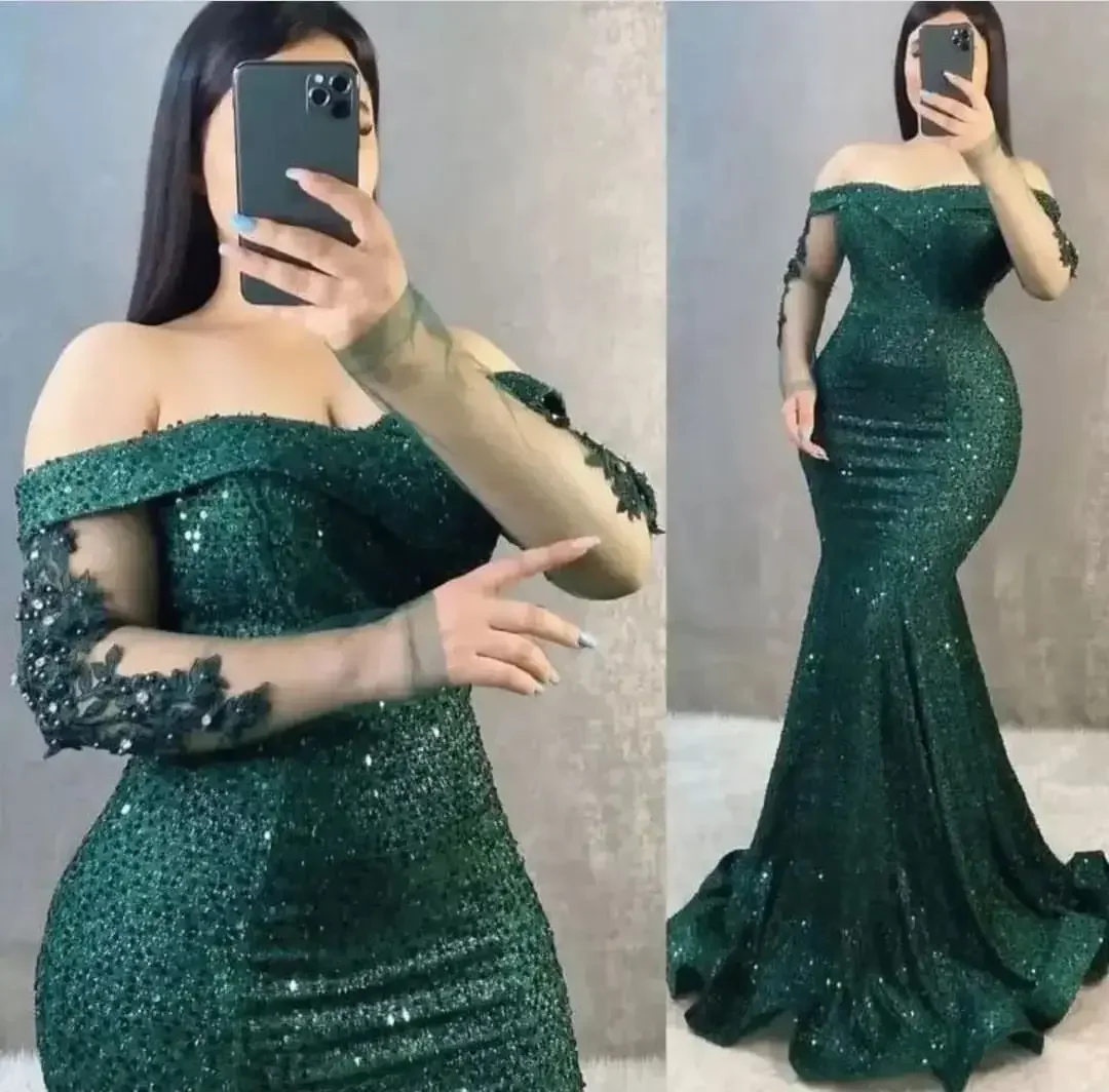 Gaun Malam Putri Duyung Merah Marun Glitter Gaun Pesta Bunga 3D Lengan Panjang Bahu Terbuka Gaun Prom Wanita Jersey Customsiz