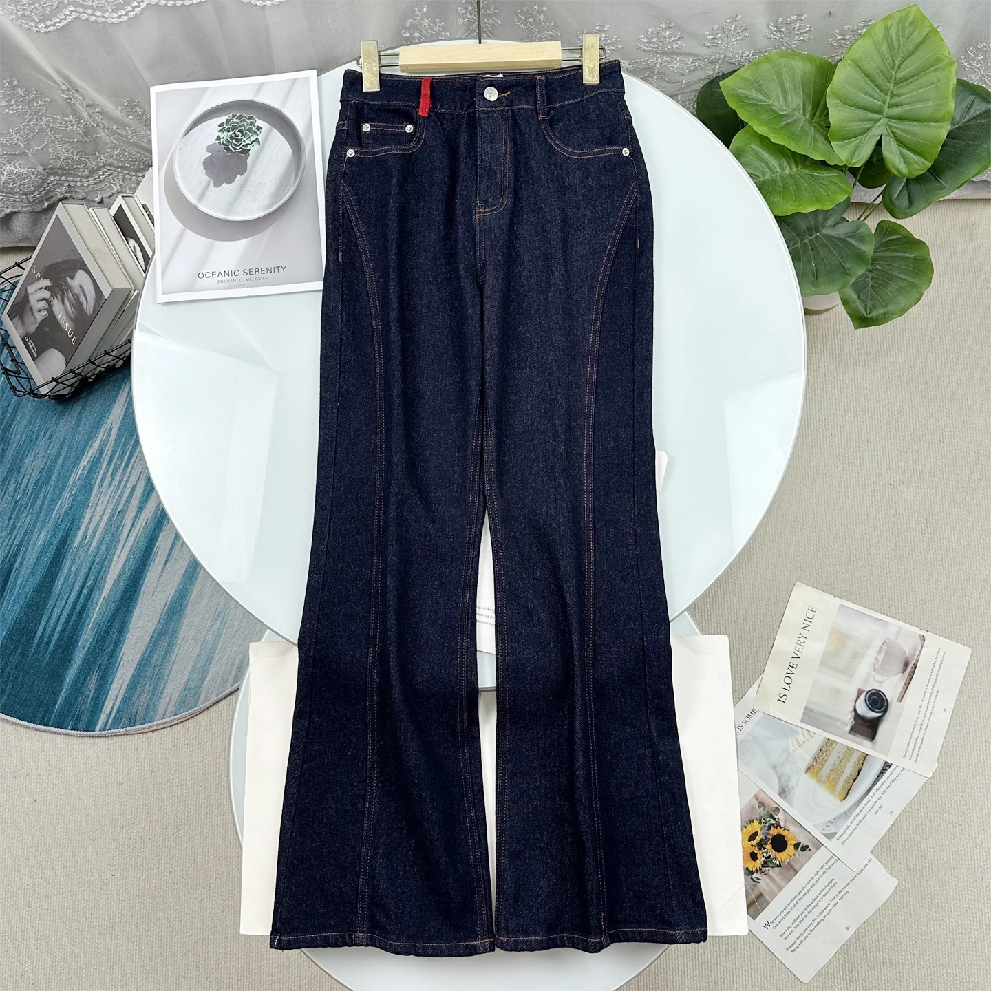 

High Waist Micro Flare Jeans Women's Winter Cotton Casual Wear Bright Stitching Decoration Slimming Effect Ladies Jeans