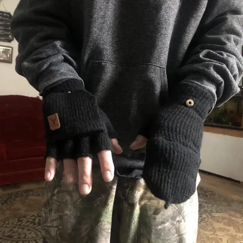 Thick Ribbed Knit Convertible Gloves with Deer Emblem Warm Half Finger Flap Mittens Winter Cold Weather Hand Warmers Unisex