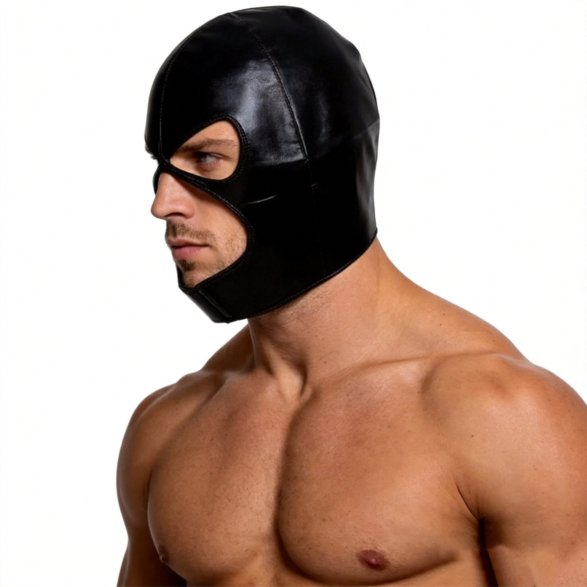 Men Women Black PU Leather Full Head Hood Mask Open Eyes Mouth Design Gothic Costume Accessory Themed Party Halloween Cosplay image 5