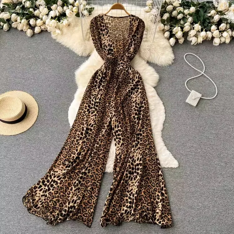 Chic leopard elastic strapless+square neck sleeveless jumpsuit 2-piece set summer Women's elastic high waist zip flared jumpsuit