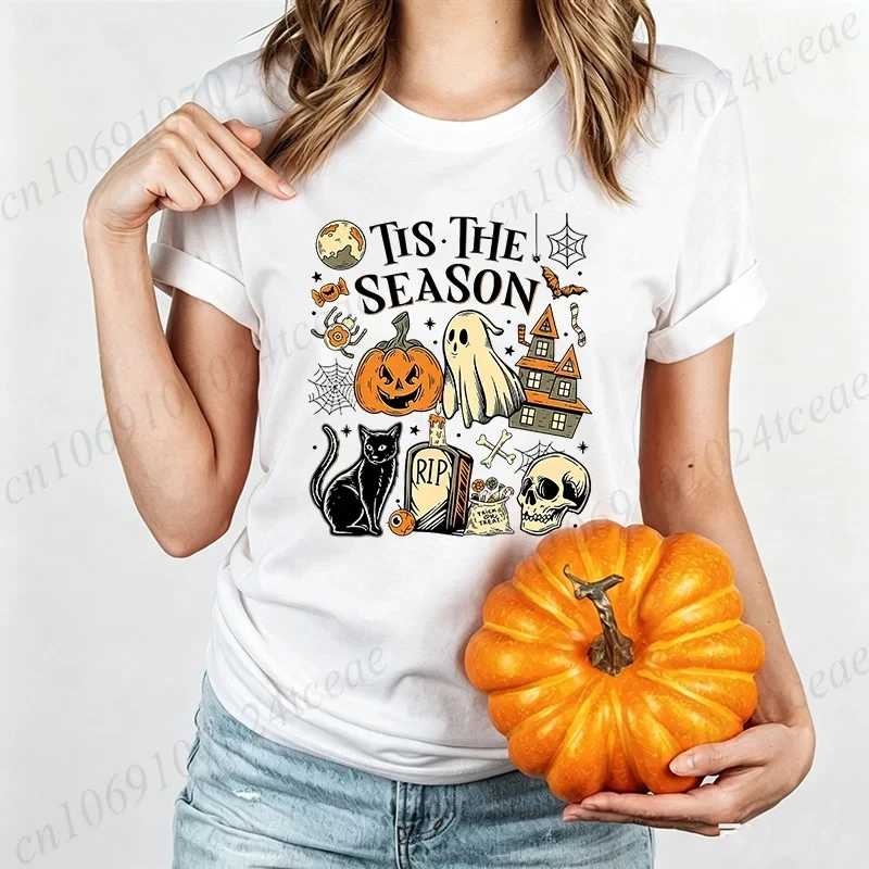 Halloween Shirt Tis The Season Retro Ghost Spooky Season Halloween Costume Tees T-Shirt Y2K Halloween T-Shirts Vintage Tops