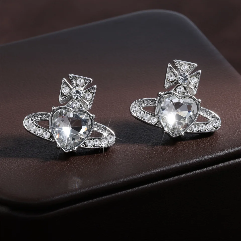 2024 Fashion Trendy Heart Zircon Planet Stud Earrings for Women Girls Sweet Cute Birthday Gift