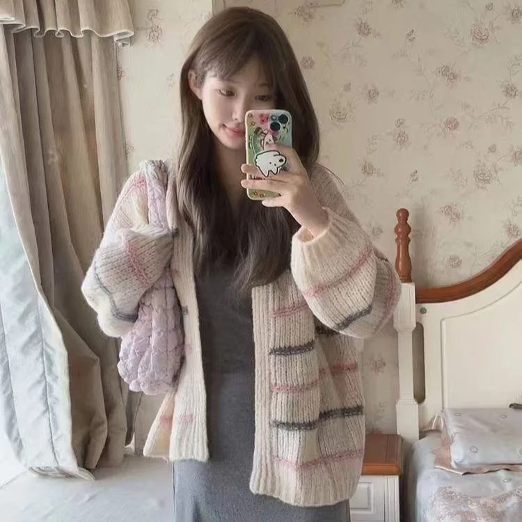 Cappotto maglione lavorato a maglia a righe V-Ne rosa dolce Cappotto da donna allentato e versatile Top Capispalla Autunno New Sle Lazy Faion