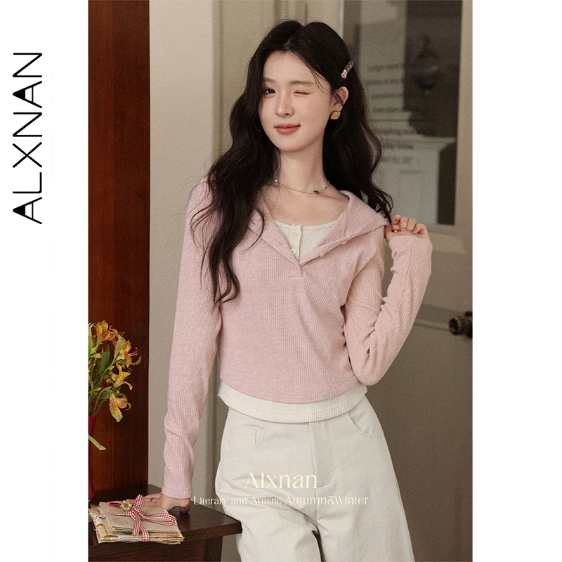 

Женская футболка ALXNAN, розовая вязаная футболка из двух частей с цветными блоками и капюшоном, осень 2022, облегающий топ с длинными рукавами на пуговицах L56720