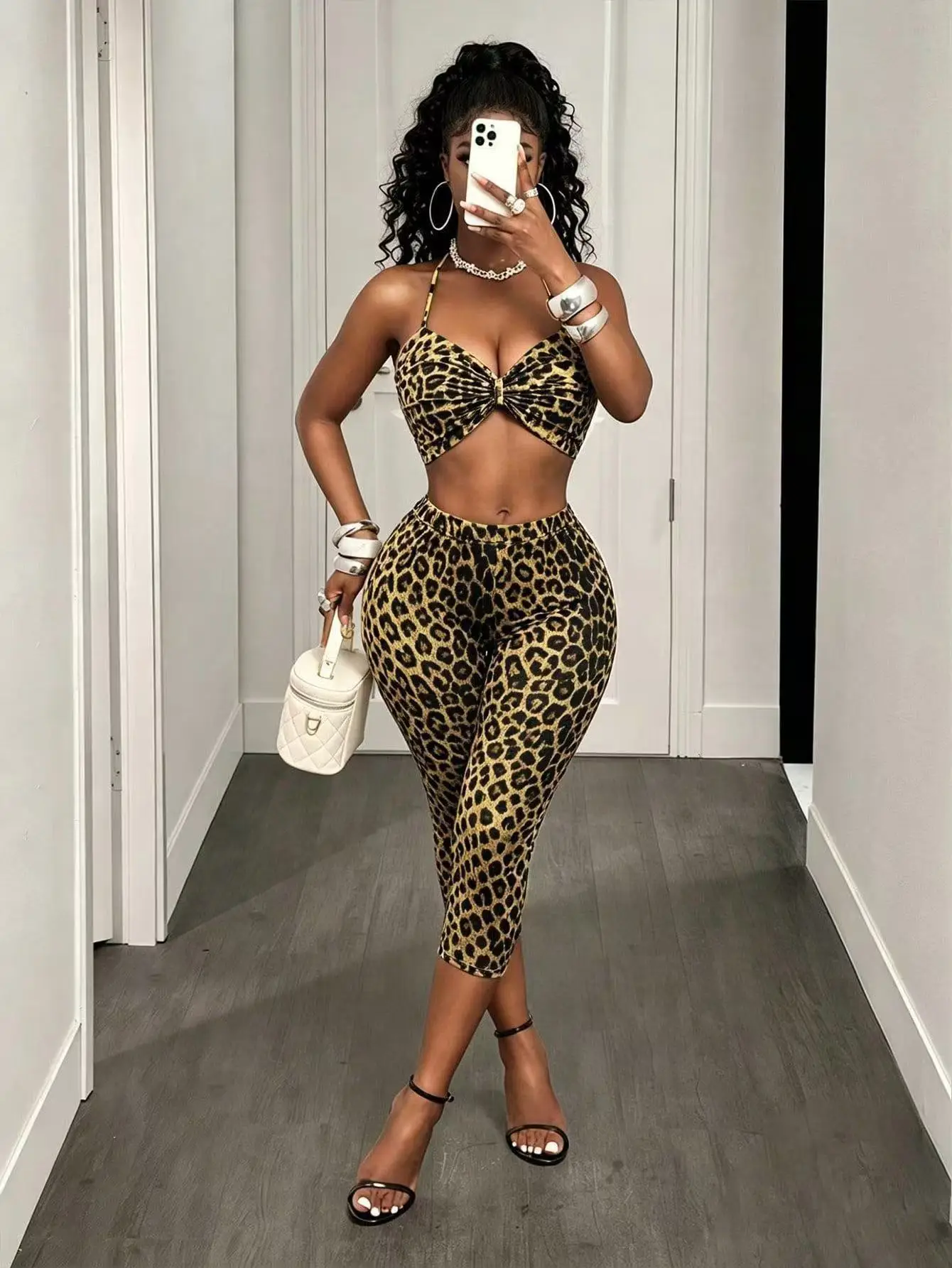STYLISH LADY Leopard Print 2 Piece Outfit Halter Twist Crop Top Capri Leggings Women Sexy Bodycon Matching Set Club Tracksuit