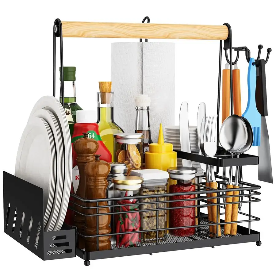 

Grill Caddy, BBQ Caddy with Paper Towel Holder amp Utensil Holder, Picnic Caddy Organizer for Outdoor Cooking, Camping Essential