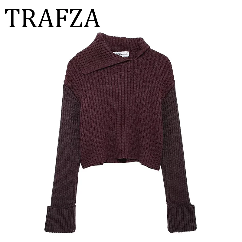 

TRAFZA Women Sweater Cropped Pullovers 2024Autumn Long Sleeve Brown Knitted Sweater Ribbed Short Casual Knitwear Short Sweater