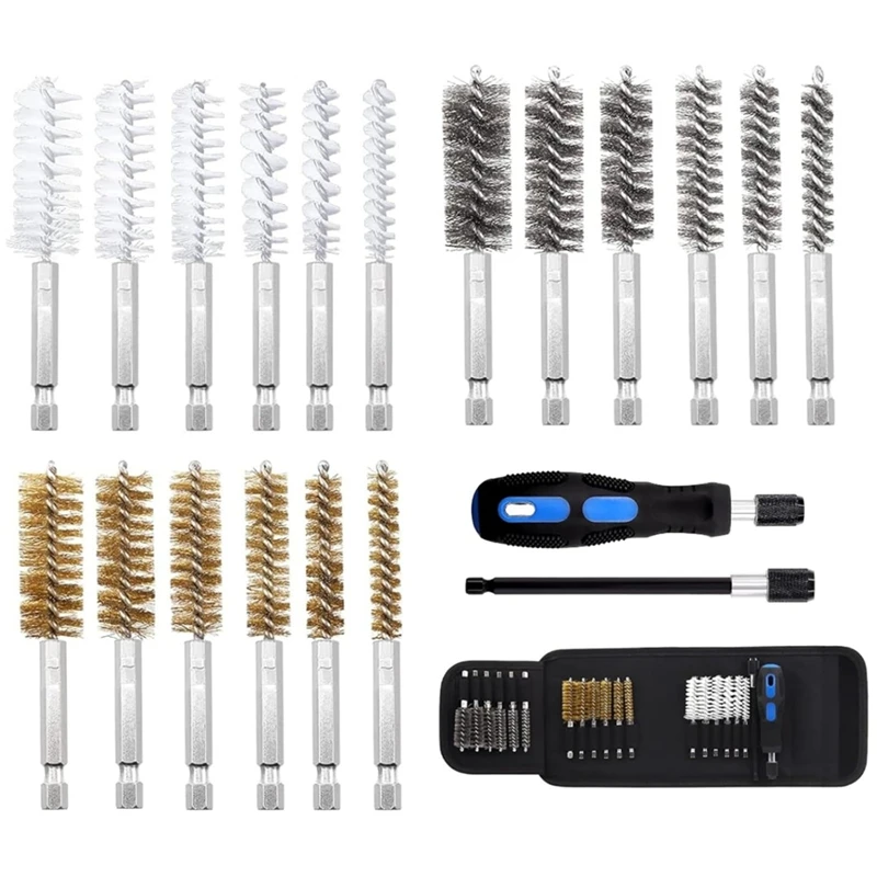 18-Pack Bore Brush Set With Handle,Brush For Power Drill Cleaning, 8Mm-19Mm Cleaning Brush Set With 1/4 Inch Hex Shank