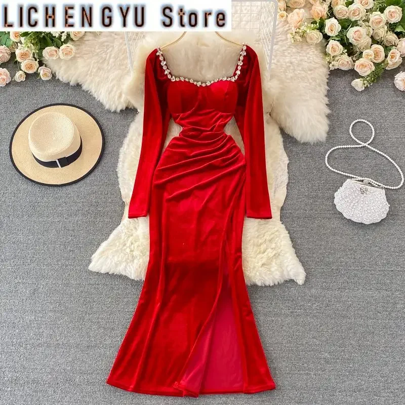 Elegant Chic Women's Dress Split Diamonds Velvet Long-sleeve Solid Color High Waist Dresses Autumn Winter New