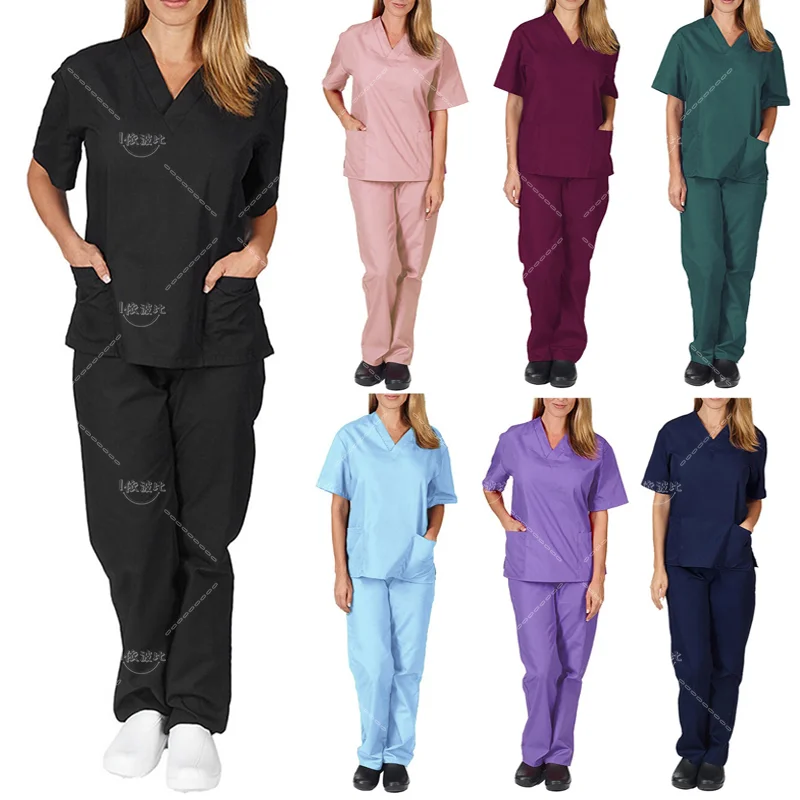 2Pcs Women's Stretch Uniform Summer Scrub Set V Neck Top Cargo Tapered Jogger Pants Nurses Healthcare Short Sleeve Thin Sets