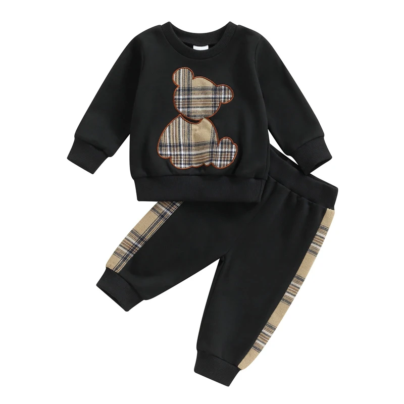 

Baby Boys Girls Spring Outfit Fashionable Bear Print Long Sleeve Sweatshirt Black Trousers 2Pcs Clothes Set for Infant Baby