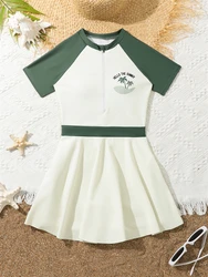 Kids Swimsuit Girls 2026 New Solid Short Sleeves Long Dress zipper Children Swimwear Summer Beachwear Bathing Suit Swimming Girl