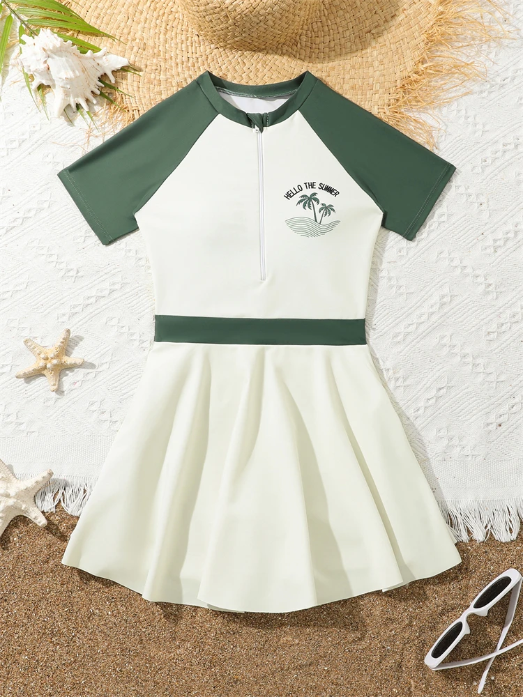 Kids Swimsuit Girls 2026 New Solid Short Sleeves Long Dress Zipper Children Swimwear Summer Beachwear Bathing Suit Swimming Girl