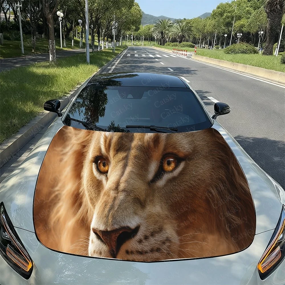 Lion face design on car hood, bold and majestic, adds fierce style to your vehicle.Car hood sticker