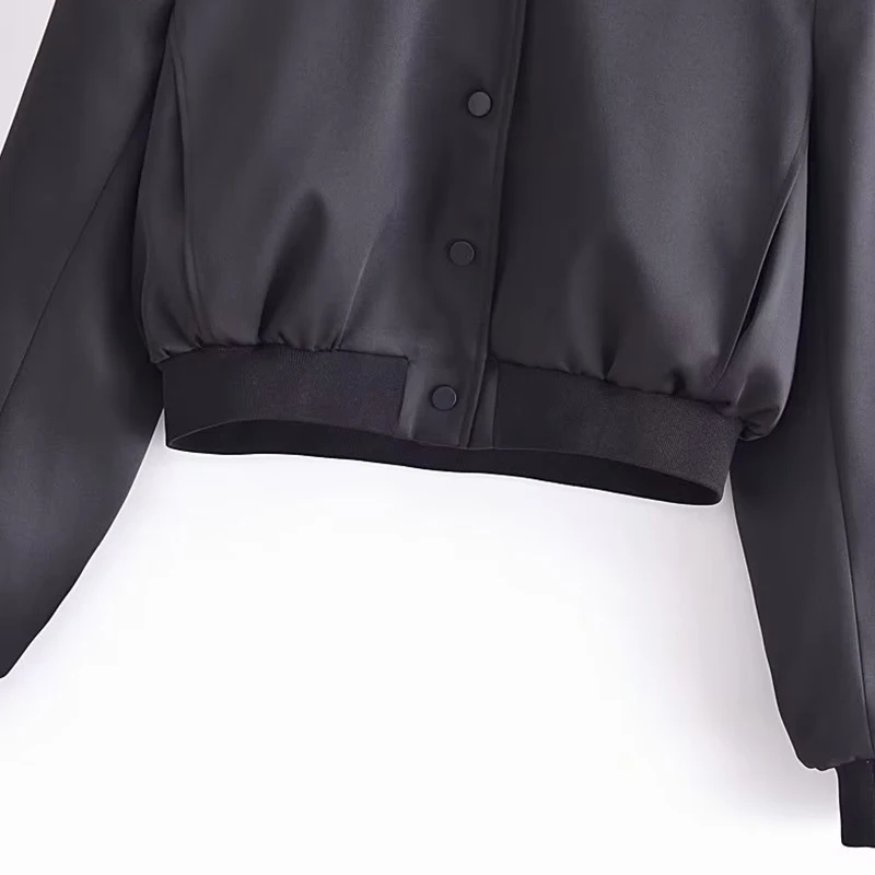 Silk Satin Texture Coat Autumn Women Short Jacket Button Outerwear Female Lady Streetwear Tops Black