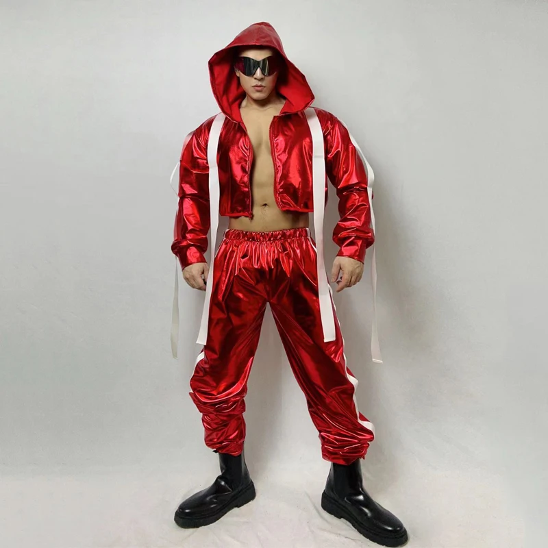 Bar Nightclub Dj Gogo Costume Men Red Hip Hop Hoodies Coat Pants Male Stage Pole Jazz Dancer Clothes Outfit Clubwear XS5956