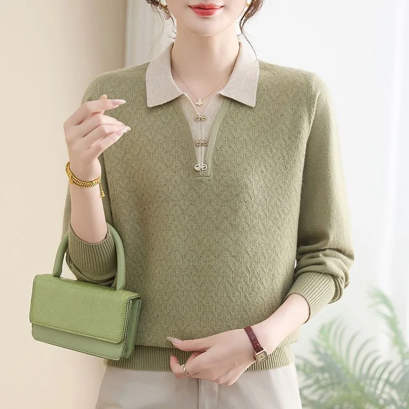 

Женский вязаный осенний свитер с воротником-поло, свободный утягивающий новый свитер для похудения, вязаный топ