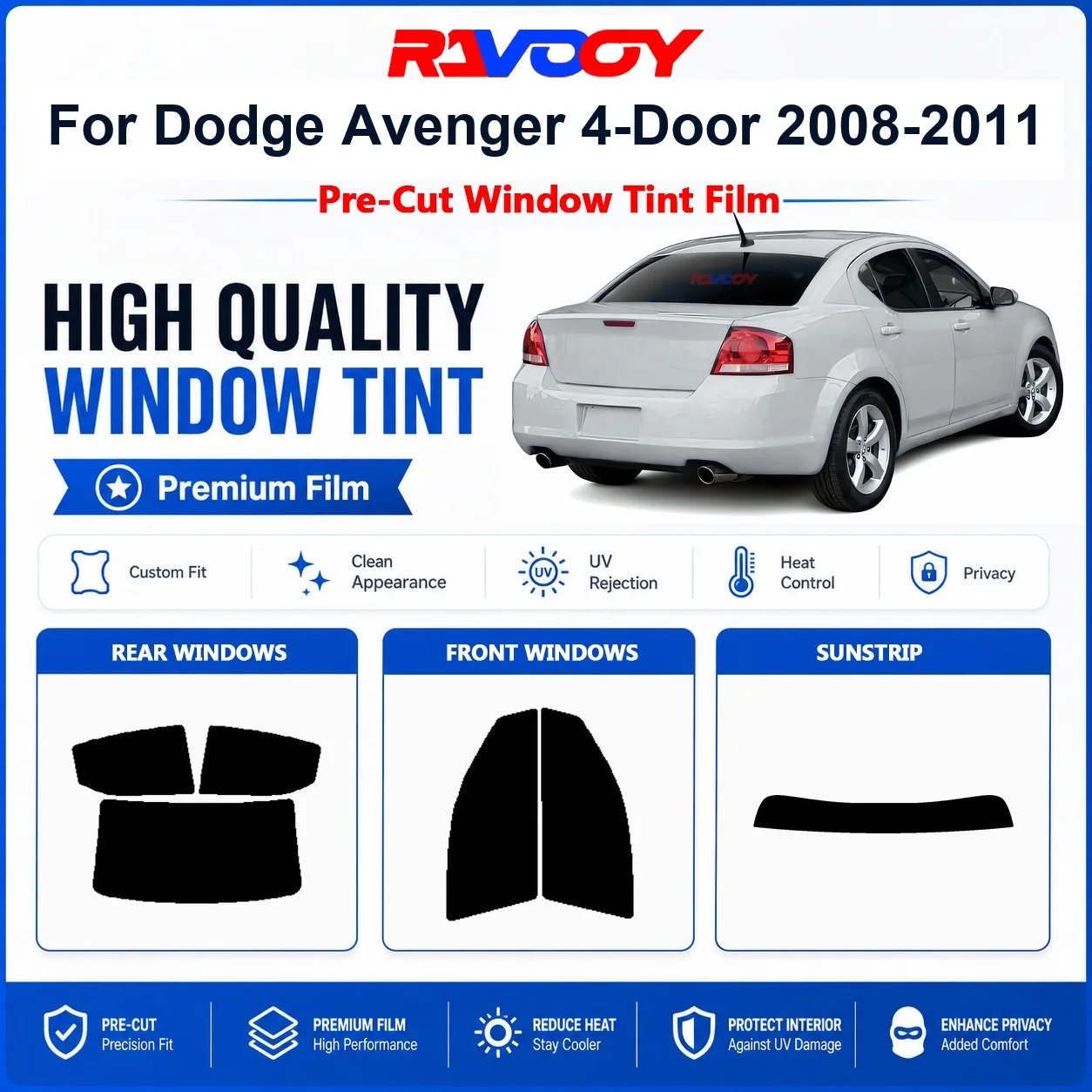 Premium Pre-Cut Window Tint For Dodge Avenger 4-Door 2008-2011 Front & Rear Windows UV Heat Rejection Privacy Film
