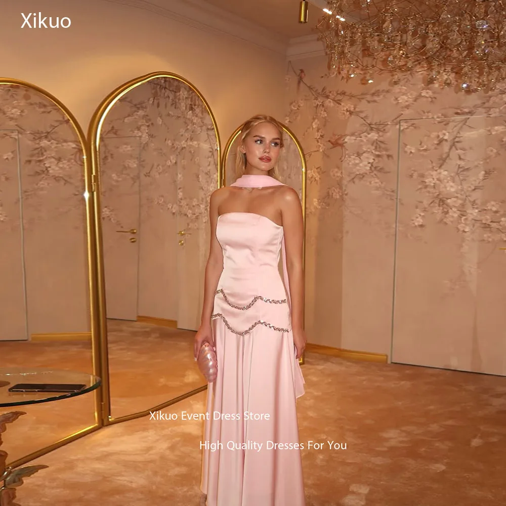 

Xikuo Crystal Embellished Waves Evening Dress Strapless Sleeveless Pink Satin Prom Gowns Ribbons Sukienka Wieczorowa Customized