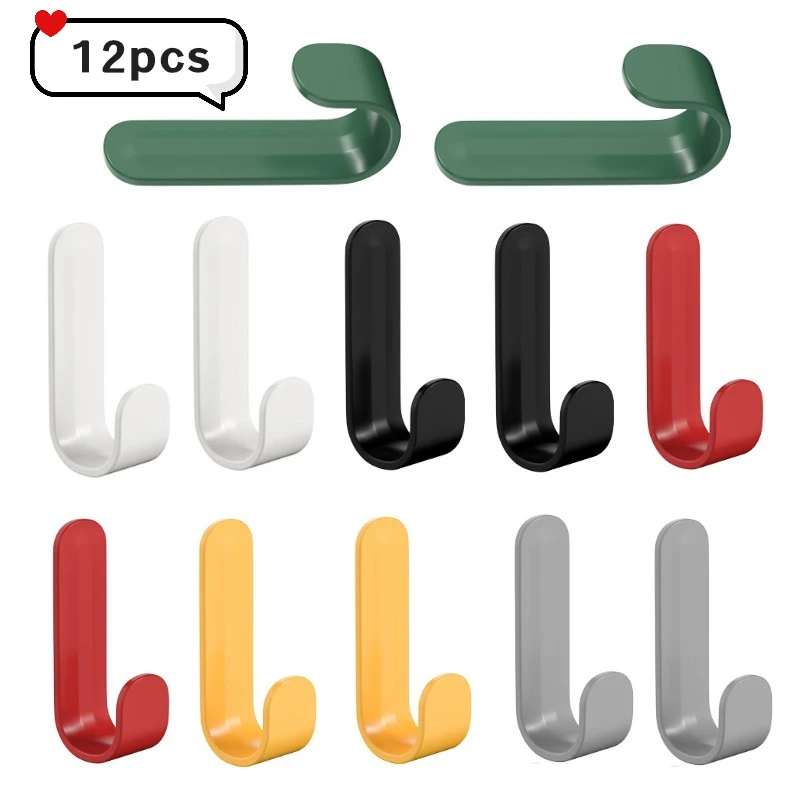 

12pcs/Set Practical Back Sticky Universal Hook J-Type Punch Free Storage Rack Coat Cap Bathroom Kitchen Bedroom Shelf Tool