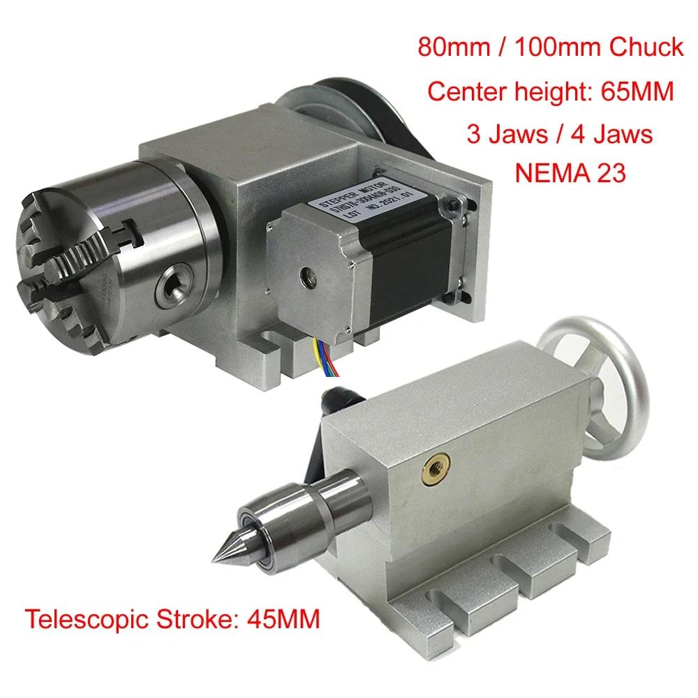 CNC 4th A Axis Rotary Axis 3 4-jaw 80mm 100mm Chuck CNC Indexing Head MT2 Tailstock Telescopic Stroke 45MM NEMA 23 Stepper Motor