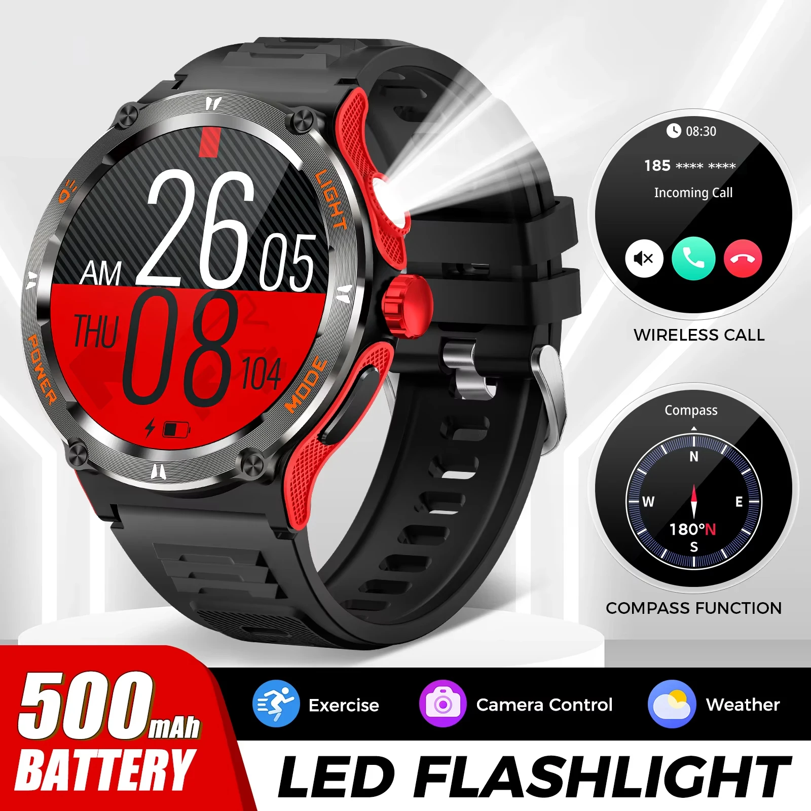 New1.53-Inch HD Screen outdoor Compass SmartWatch BT Call 3ATM GPS Sport And LED Flashlight Heart Rate Sleep Analysis SmartWatch