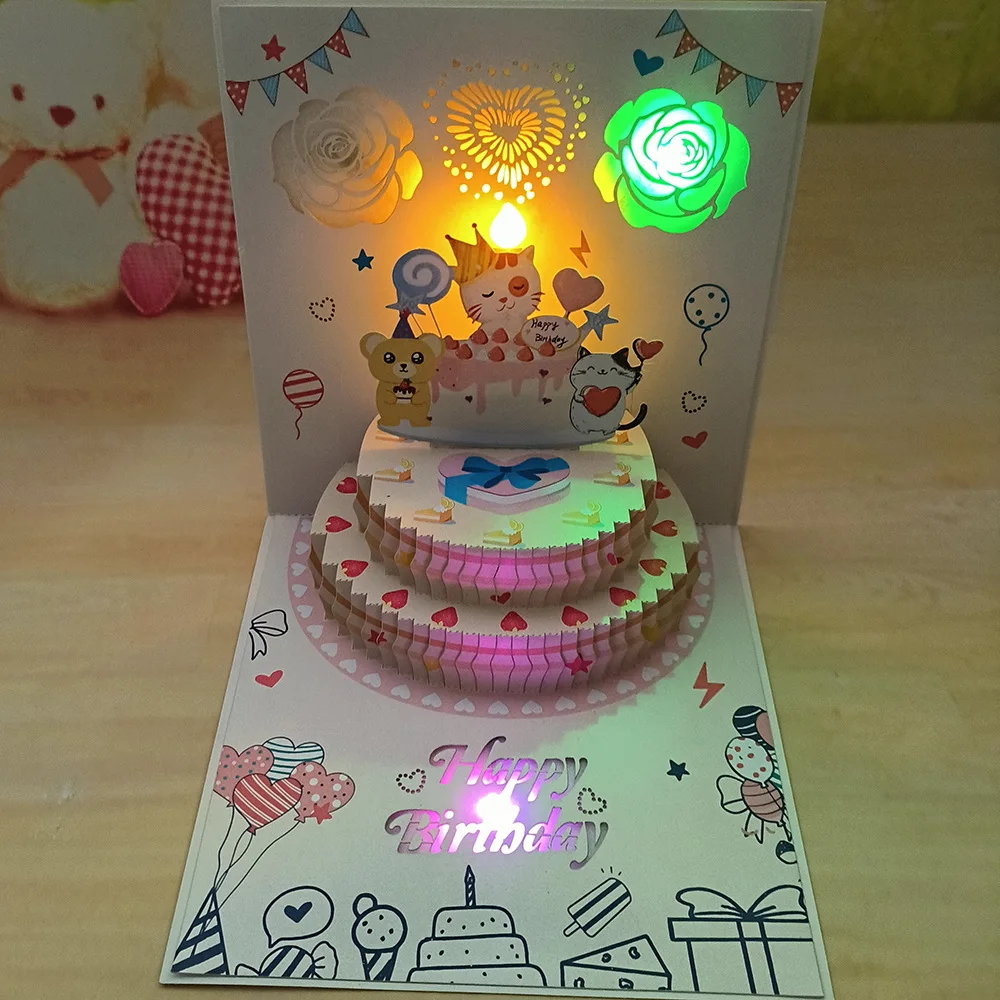 

Cat Birthday Cake 3D Pop-Up Card with Sound, Music, and Lights—Foldable Gift for Kids and Best Friends