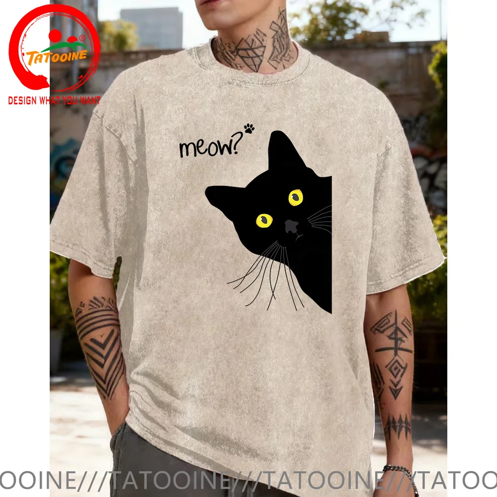 

Men's T-shirt Vintage Washed Cotton Summer Meow Black Cat Print Men T Shirt Casual Loose Tshirt Short Sleeve T-shirt Male Tees