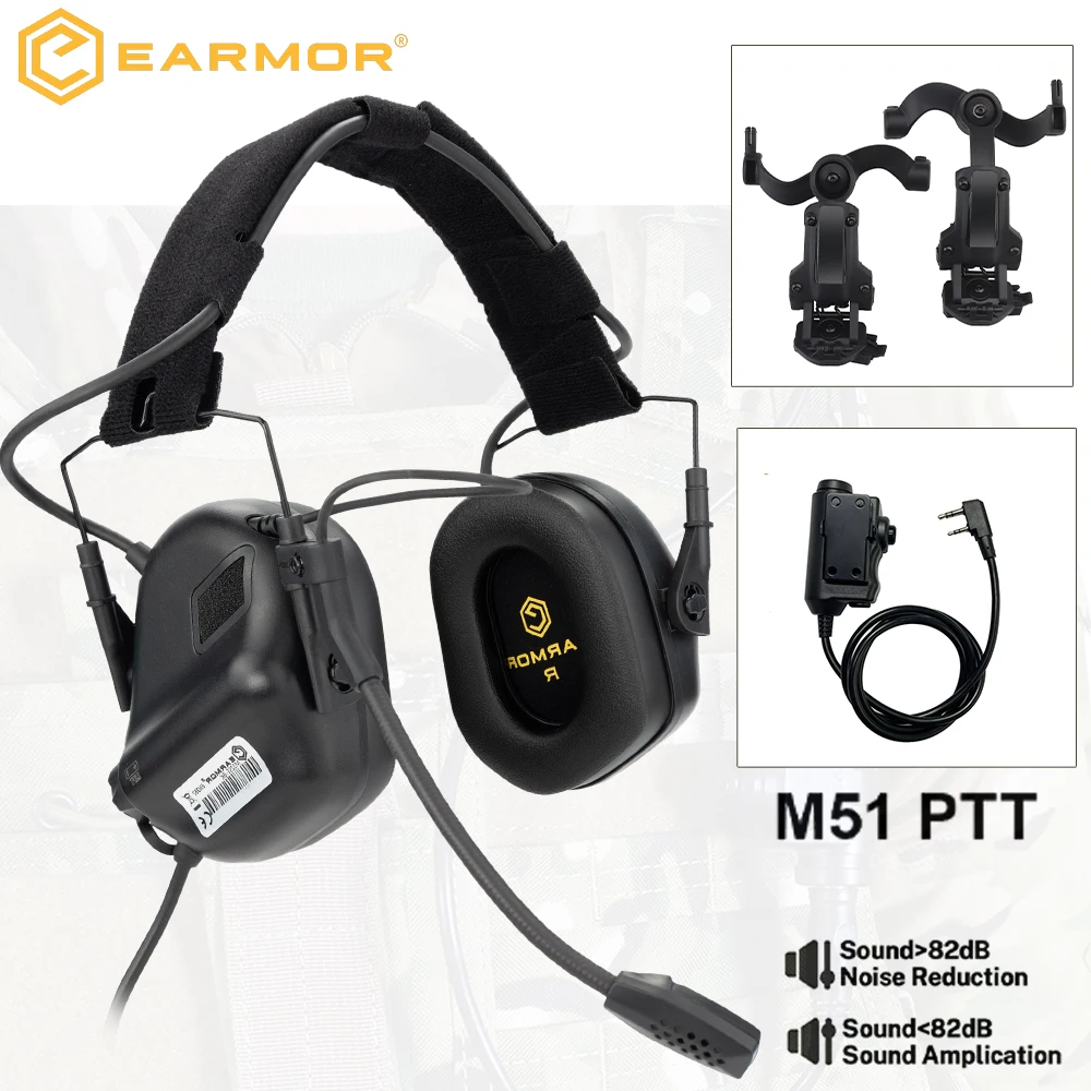 

EARMOR M32 SE Shooting Earmuffs & M51 PTT Tactical Noise Reduction Headset with Helmet ARC Rail Adapter Fit for Hunting