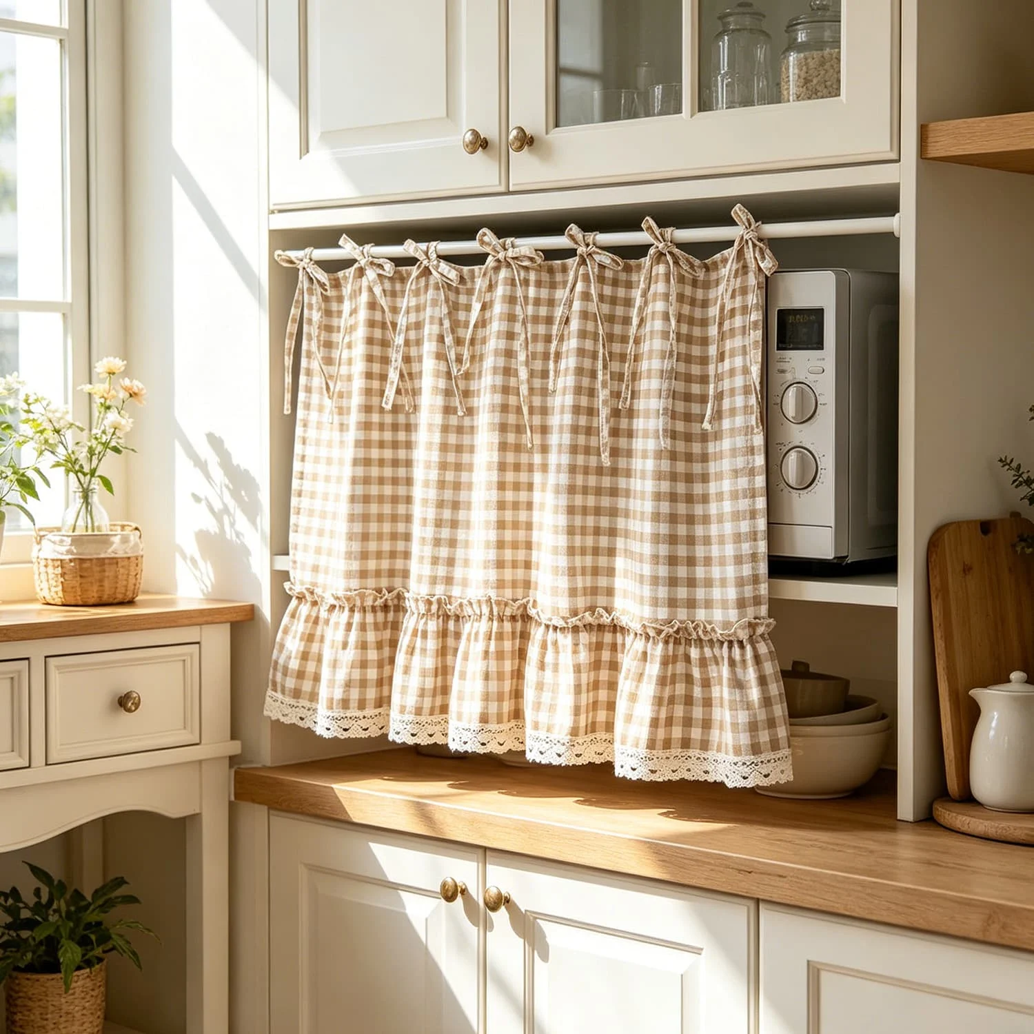 Tie Up Short Curtain Gingham Ruffled Lace Tier Window Drapes Farmhouse Half Curtain for Kitchen Cabinet Sink Cupboard Decor