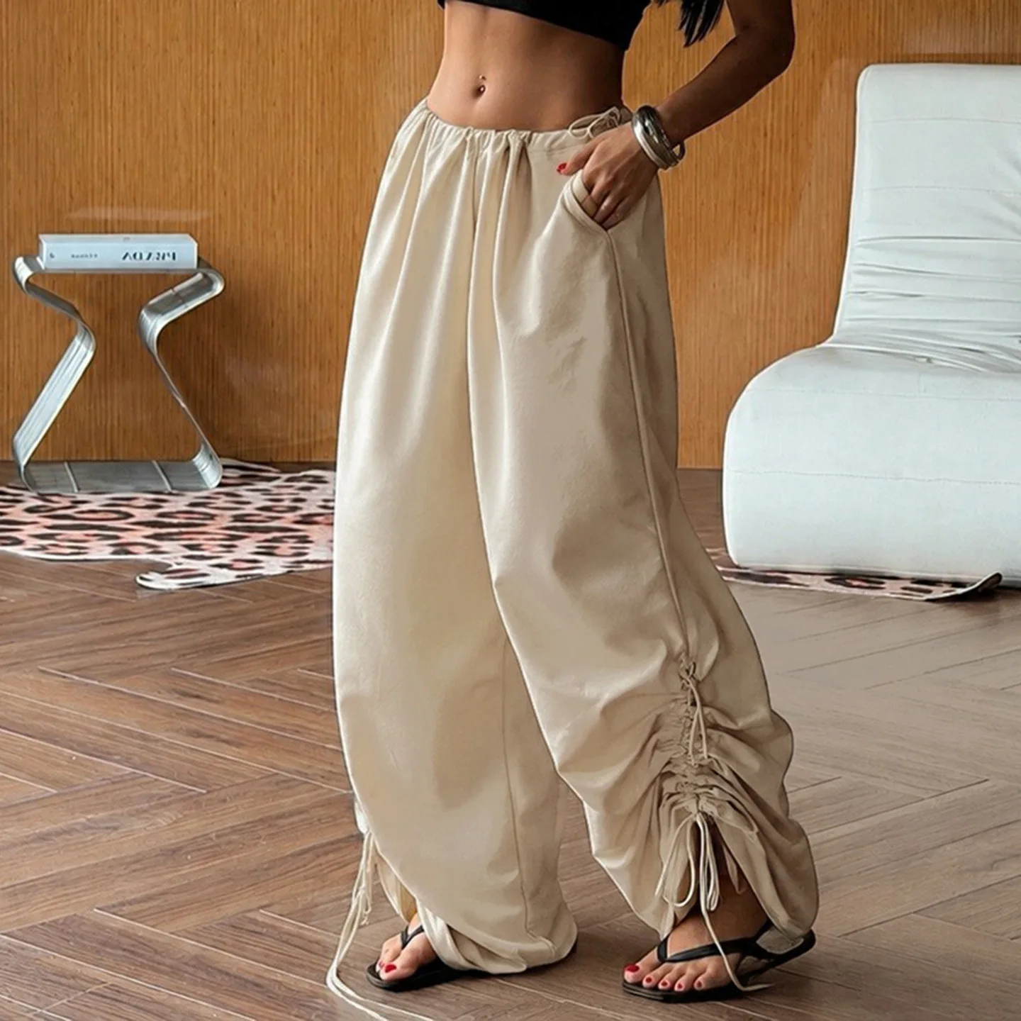 Casual Style Loose Straight Pleated Strap Design Wide-leg Pants Commuter Style Fashion Versatile Trousers Women