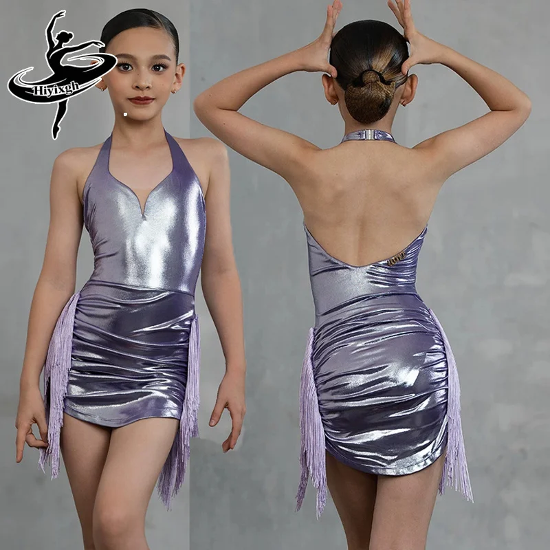 2027 Mädchen Latein Tanz Glänzendes Neckholder-Kleid mit Quasten, Performance-Kleid, Latein Tanz Wettbewerbskleidung Chacha Tanzkleidung DW11762