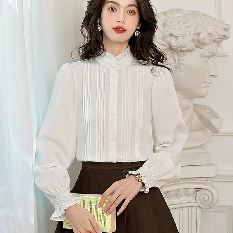 

Весенняя мода, винтажная женская рубашка с длинным рукавом и воротником-стойкой, белая рубашка, шифоновая блузка, женские топы, Camisas De Mujer Blusas N423