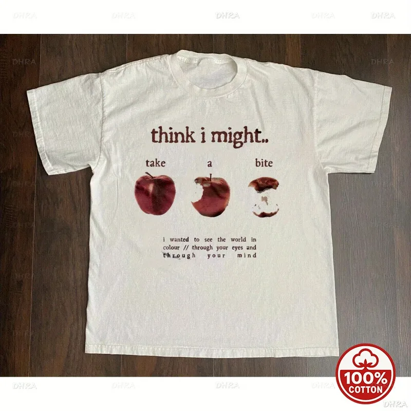 Men's Vintage Apple Graphic Tee, Think I Might Take A Bite Slogan T-Shirt, Summer Casual Retro Typewriter Print Top