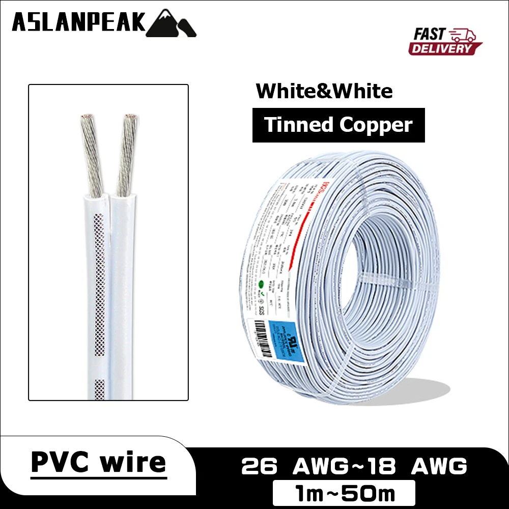 UL2468 26-18AWG 1-50m blanc 2 broches câble PVC fil d'extension de lumière fil d'extension électrique câble de haut-parleur audio fil électronique