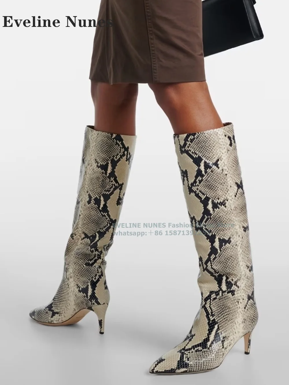 

Snakeskin Pull On Knee High Boots Pointed Toe Stiletto Splicing Sexy Street Style Women Modern Booties Spicy Girl 2024 New Trend