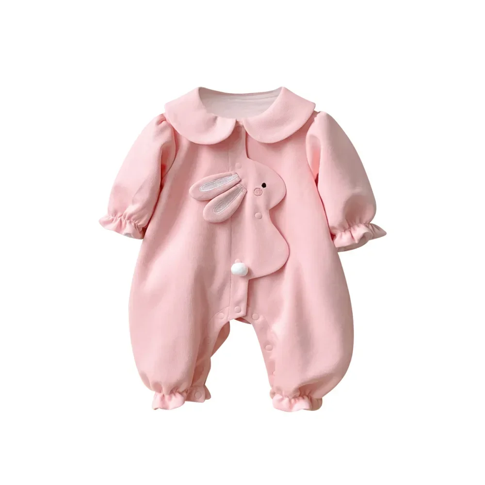 Newborn Baby Fall Outfit: Cute Bunny Long Sleeve Romper -  Cozy Infant Girls One-Piece Jumpsuit 0-24M