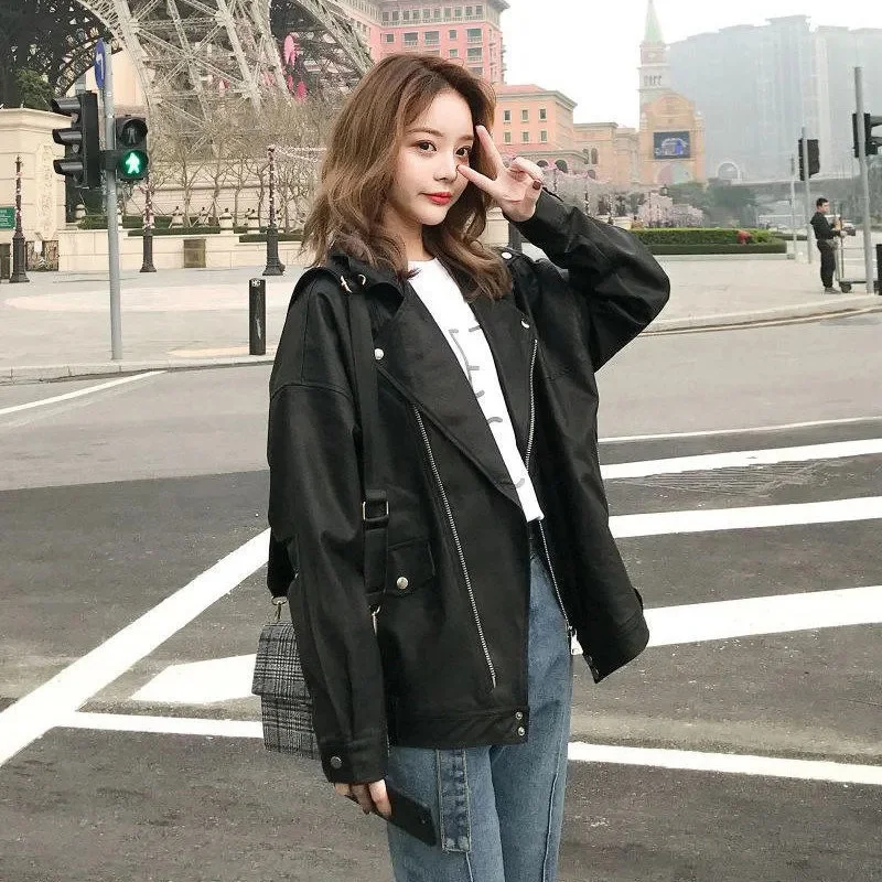 Small Leather Female Slimming ins Wind 2023 Spring Autumn Korean Version Leather Jacket] Locomotive PU Leather BF Leather Female