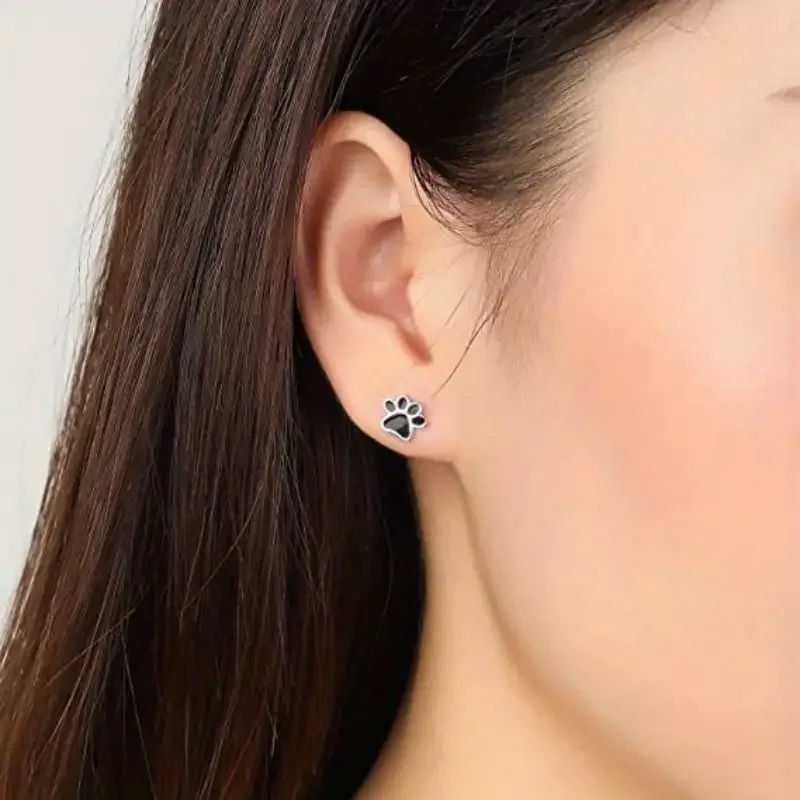 Enamel Black Puppy Dog Paw Earrings Stainless Steel Bear Footprint Stud Earrings For Women