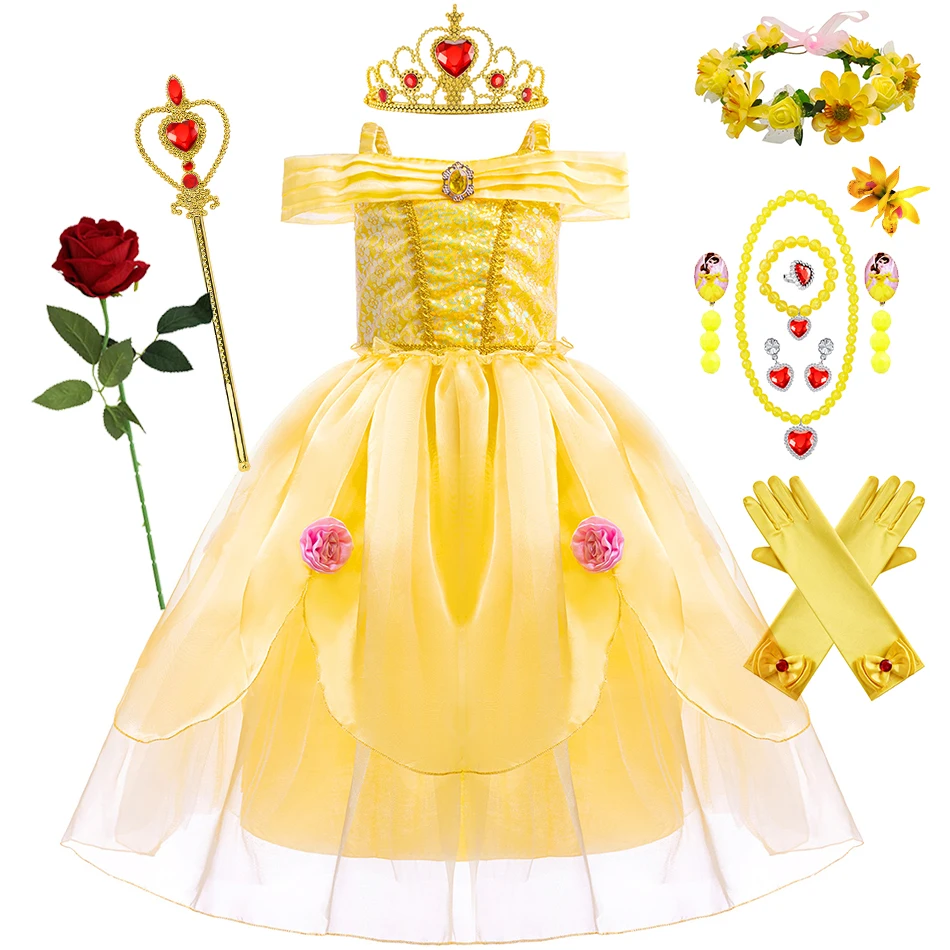 Girl Belle Dress Up Costume Kids Beauty and The Beast Sleeveless Floral Children Party Princess Carnival Purim Fantasy Outfits