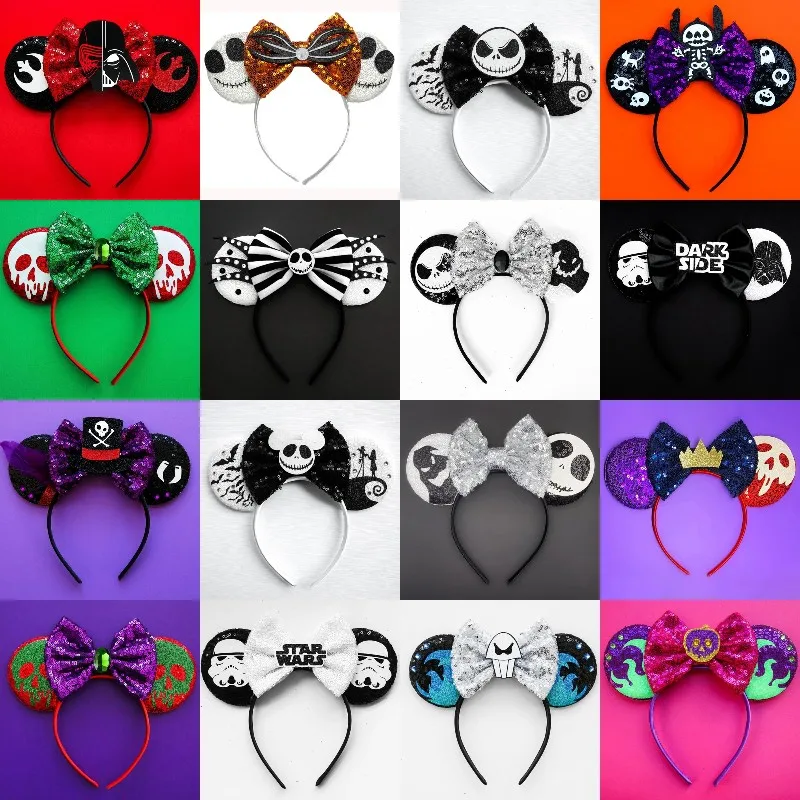 

Disney Mickey Minnie Ears Headbands Women Halloween Hairbands Kids Sequins Bow Skull Headwear Ghost Hair Accessories Party Girl