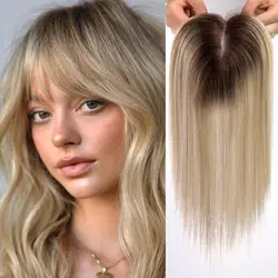 Brown Blonde Highlight Human Hair Toppers with Bangs 3Clip Natural Hairpieces for Women Hair Loss Swiss Lace Hair Topper 14 inch