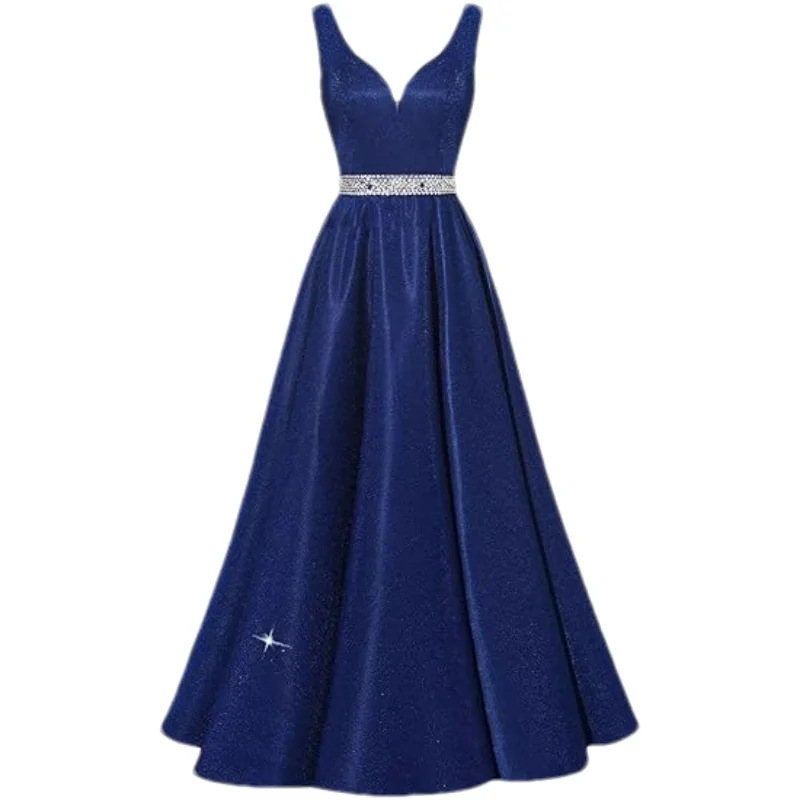 Customized Womens Glitter Satin Prom Dresses Long Corset V-Neck Beaded Belt Formal Evening Dress Party Gowns with Pockets