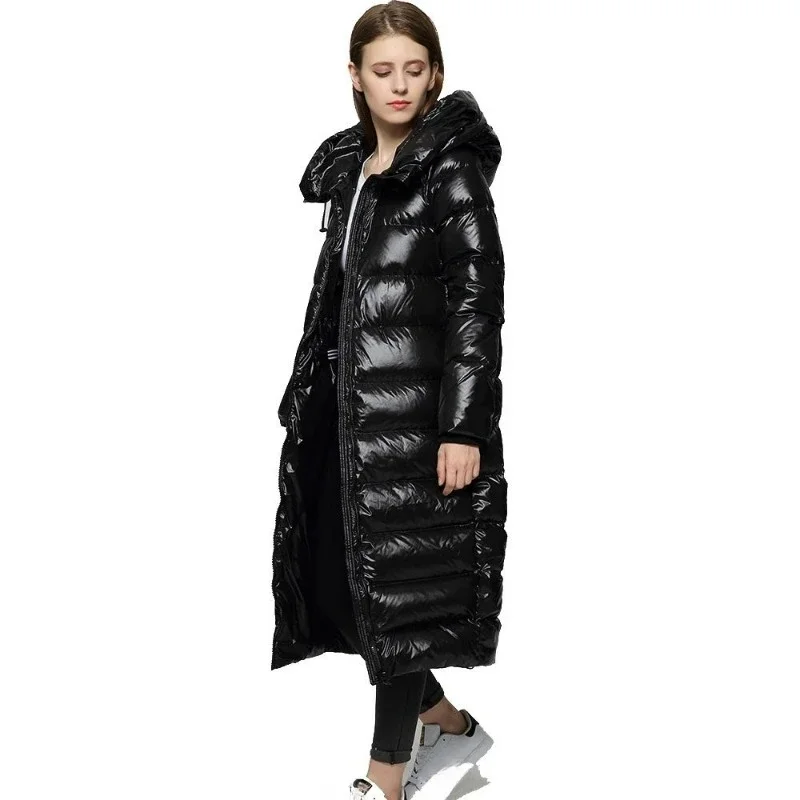 Hot Sale Down Jacket Women's Long Over The Knee Fashion Thin Winter New Version Thick Bright Face Super Long Hooded Coat Warm