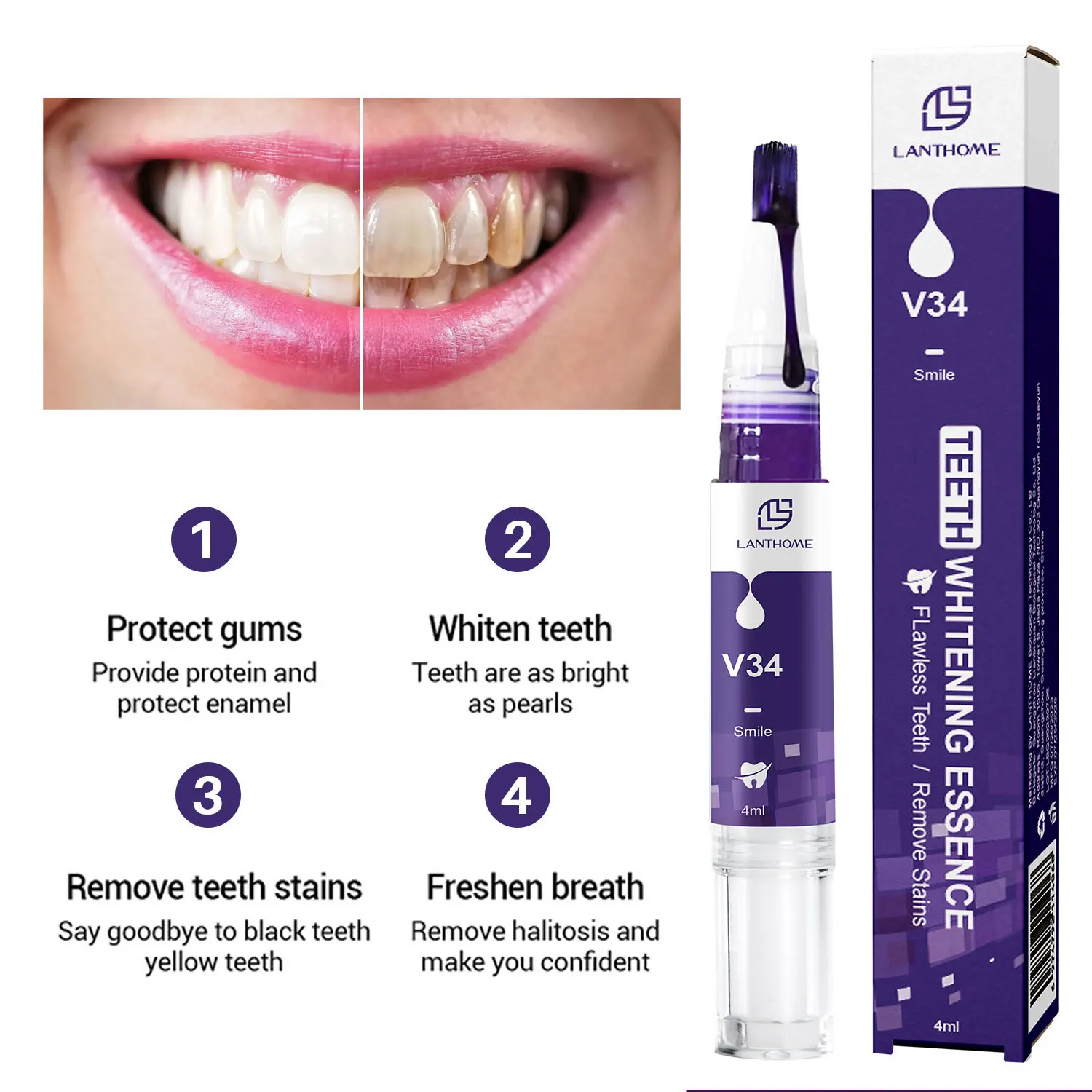 Stylo de blanchiment des dents violet, dentifrice blanchissant dentaire, élimination du tartre, livres dentaires, blanchisseur de dents efficace, V34, 4ml