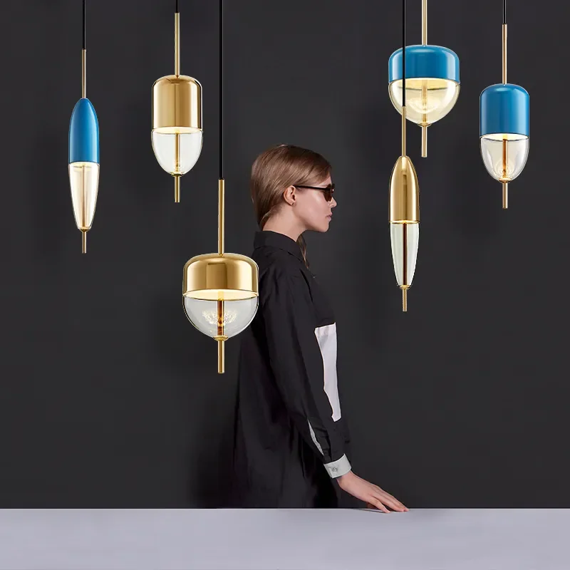 Postmodern Gold Blue Water Drop Glass Chandelier for Bedroom and Dining Room Decoration