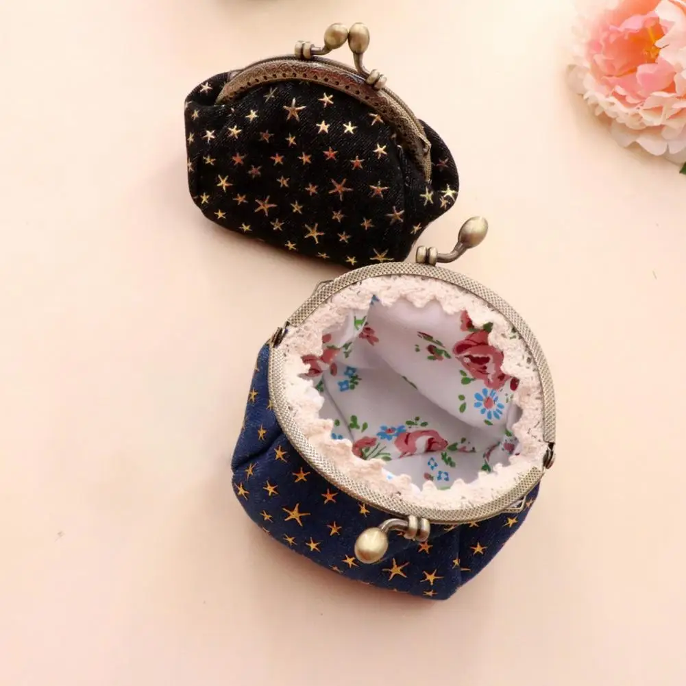 Portable Wallet Five-pointed Star Coin Purse Vintage Denim Mini Kiss-lock Change Pouch Small Keychain Wallet for Coins Cash